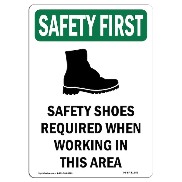 OSHA Sign, Shoes Required W/ Symbol, 24in X 18in Rigid Plastic, 18" W, 24" H, Portrait